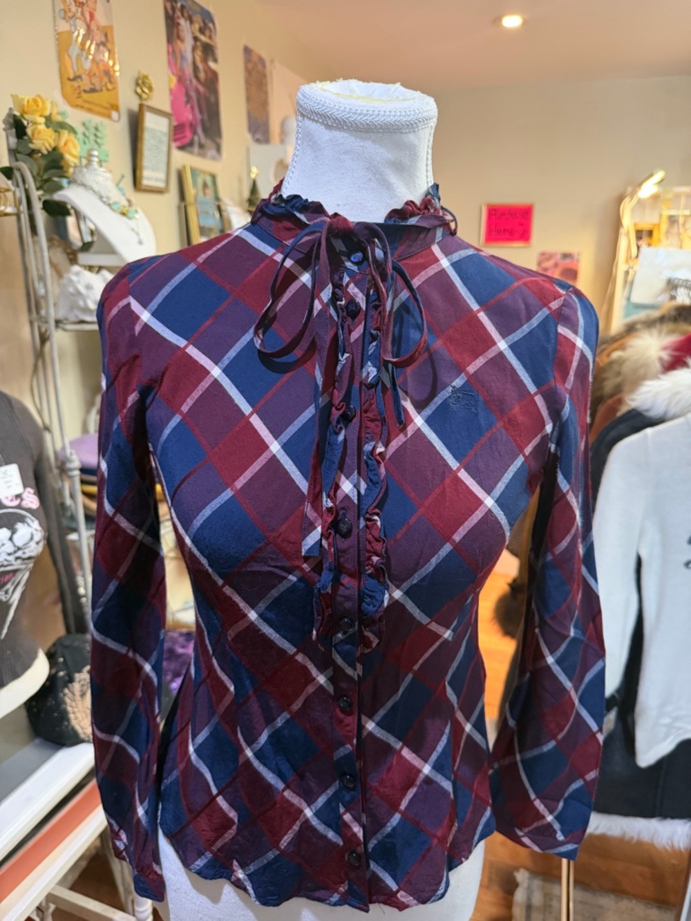 Burberry Plaid Ruffle Tie-Neck Blouse in Burgundy & Navy